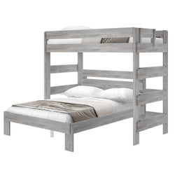 Gray wooden twin over full bunk bed with white bedding and ladder.