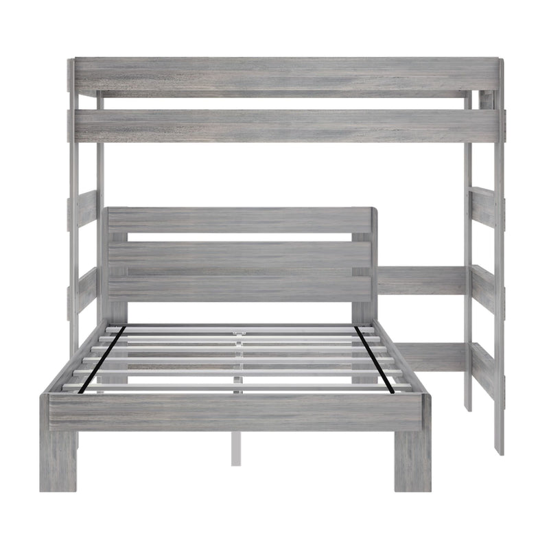 Modern grey wooden loft bed frame with sturdy design and slatted support.