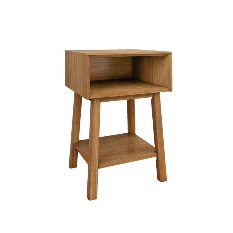 Wooden bedside table with open storage shelves and minimalist design.