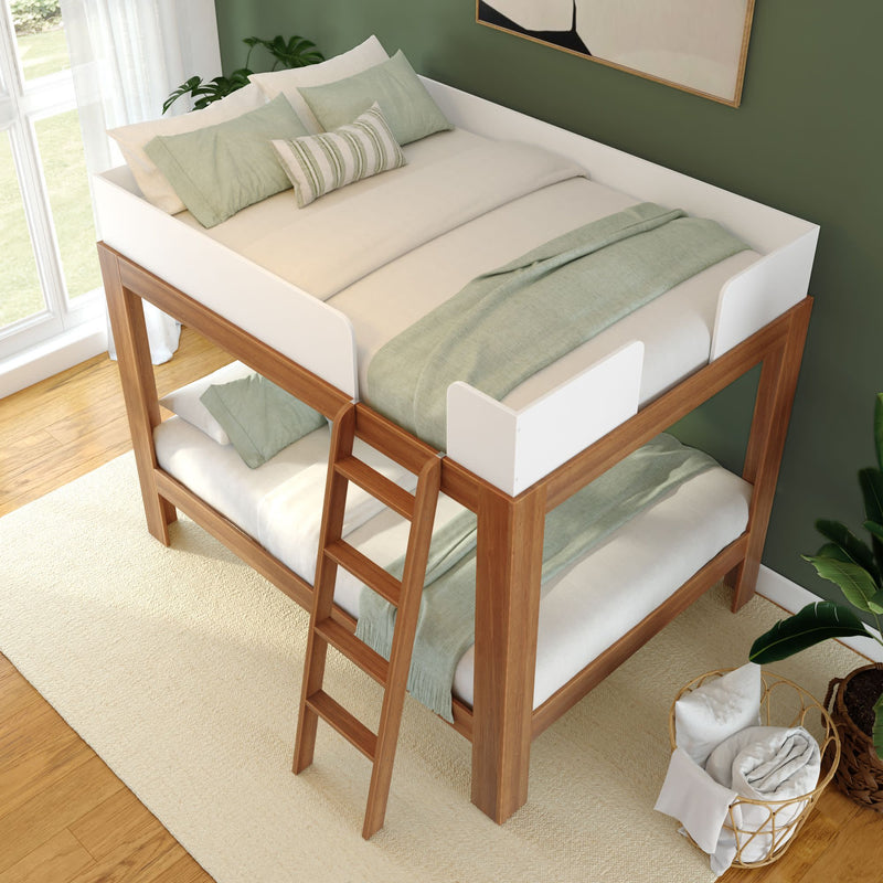 Wooden bunk bed with white and green bedding in a cozy bedroom setting, featuring a wooden ladder and natural light.