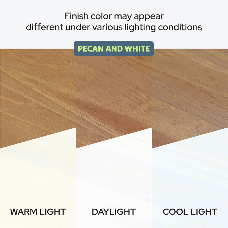 Wood finish color variation under warm, daylight, and cool light conditions for pecan and white tones.
