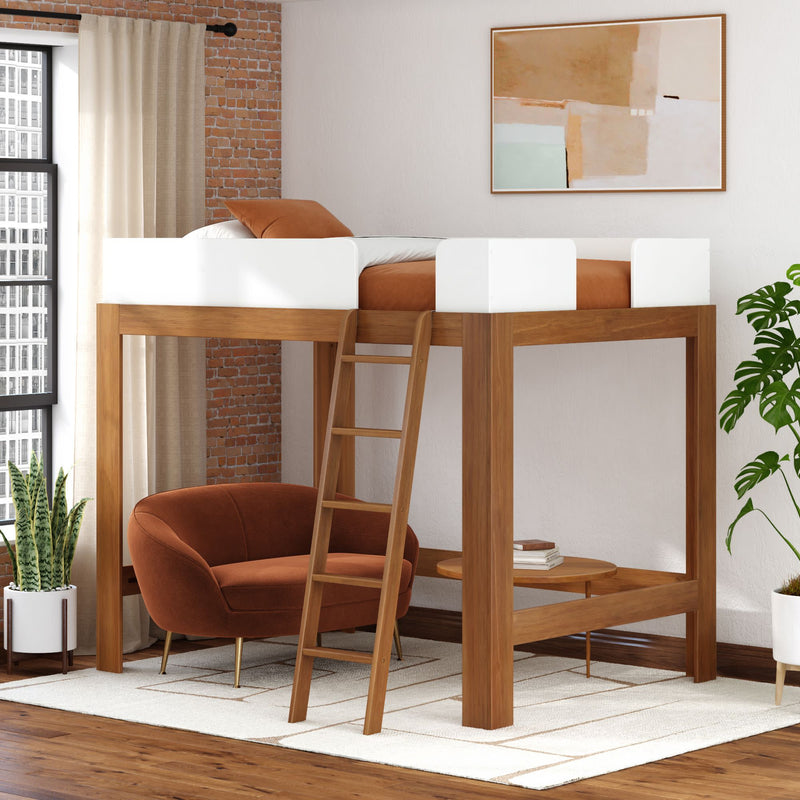 Stylish wooden loft bed with ladder in modern apartment, featuring orange armchair and abstract wall art.