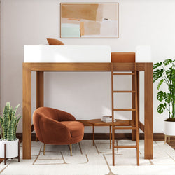 Elegant loft bed design with a wooden ladder, modern chair, coffee table, plants, and abstract wall art in a minimalist bedroom setting.