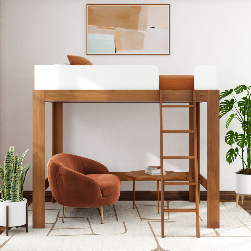 Elegant loft bed design with a wooden ladder, modern chair, coffee table, plants, and abstract wall art in a minimalist bedroom setting.