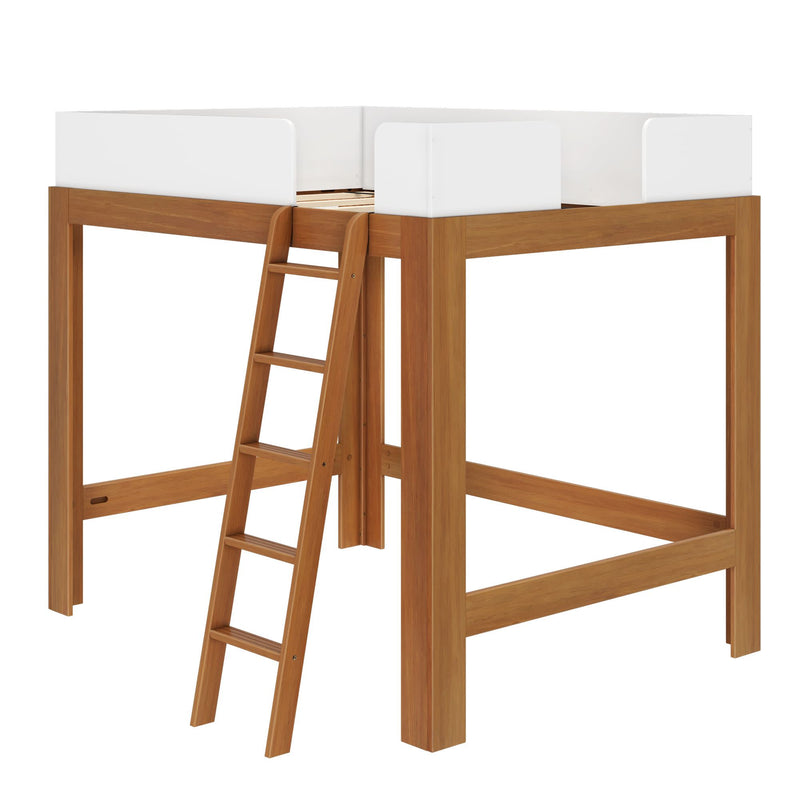 Loft bed with wooden frame and ladder for kids' bedroom.