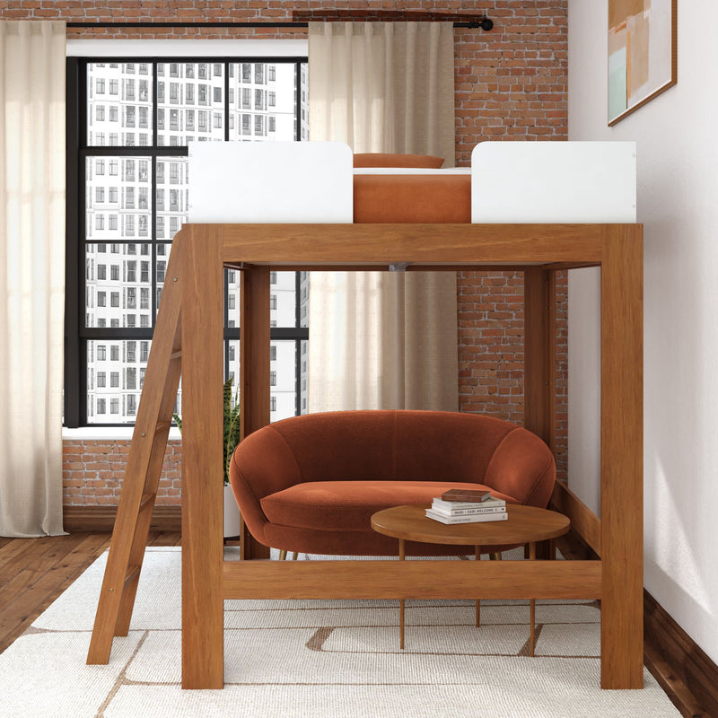 Modern loft bed with wooden frame and orange couch below in stylish apartment.