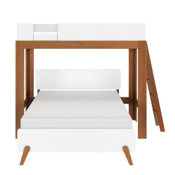 Modern wooden bunk bed with white frame and ladder, ideal for maximizing small spaces in kids' rooms.