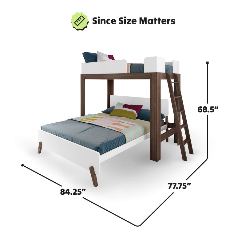 Loft bed dimensions: 84.25 inches long, 77.75 inches wide, 68.5 inches tall, modern dual-level design for small spaces.