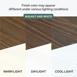 Walnut and white finish in warm, daylight, and cool lighting conditions showing color variation.