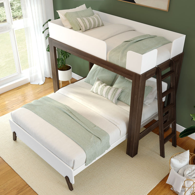 Modern loft bed with a stylish wooden frame and green bedding in a bright, cozy bedroom.