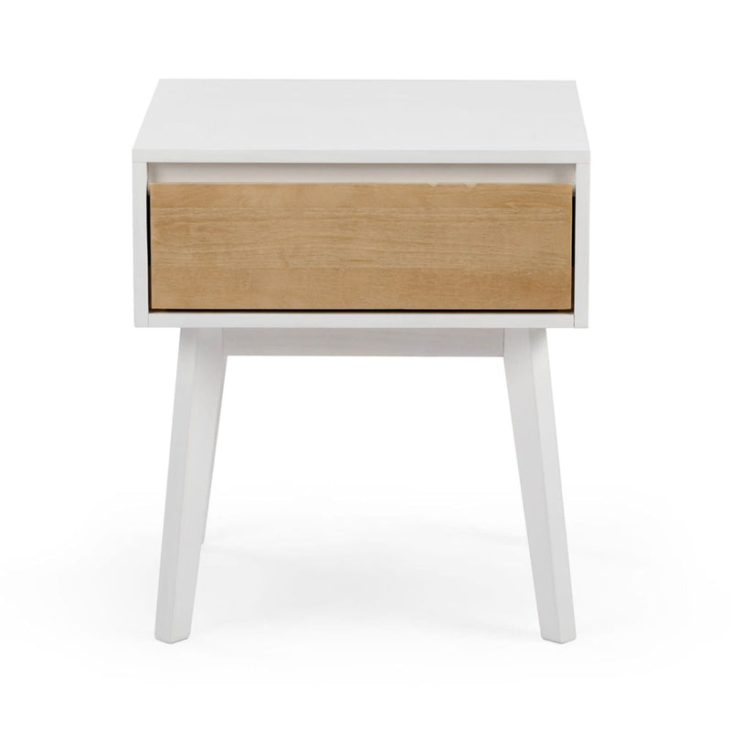 Modern white and wood nightstand with a single drawer, ideal for bedroom storage solutions.