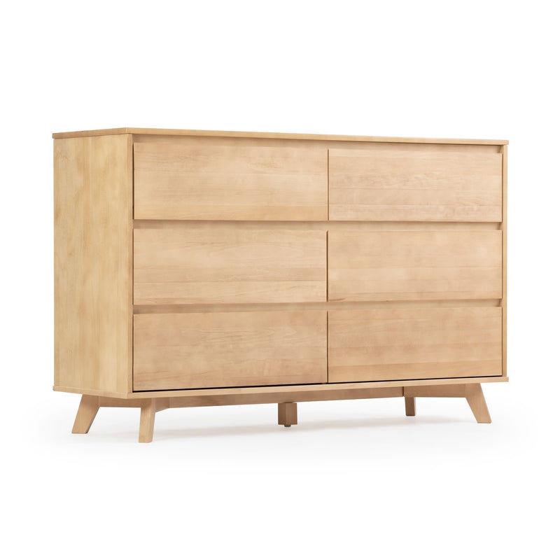 Mid-century modern wooden dresser with six spacious drawers, perfect for bedroom storage and organization.