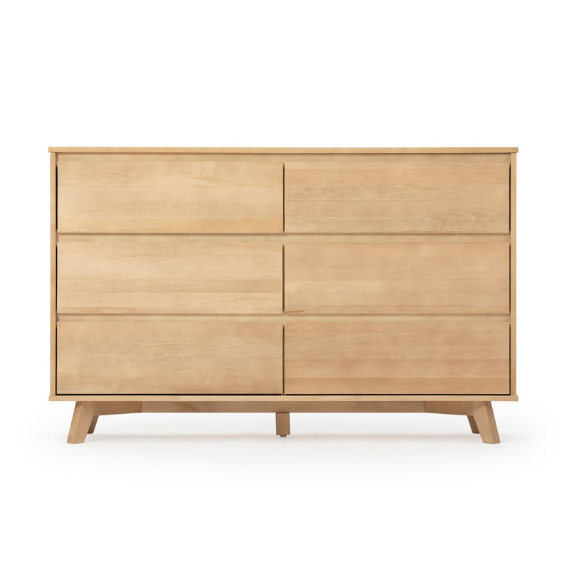 Mid-century modern wooden dresser with six drawers in light oak finish.