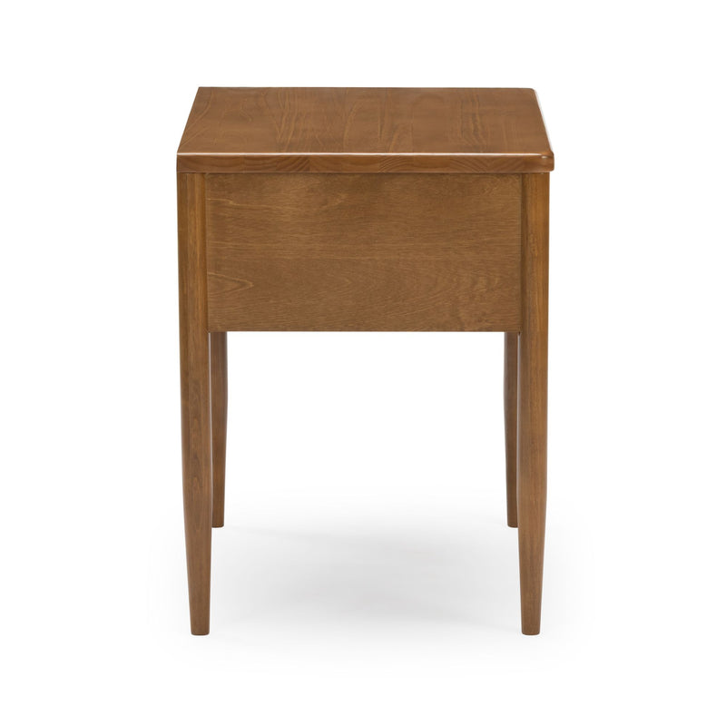 Mid-century modern solid wood nightstand with rectangular top and tapered legs in warm walnut finish