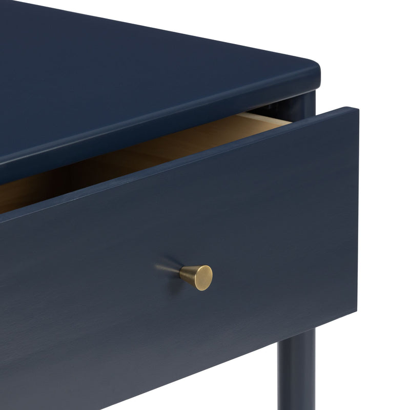 Modern navy blue nightstand with open drawer, matte wood finish and brass round knob on cylindrical legs