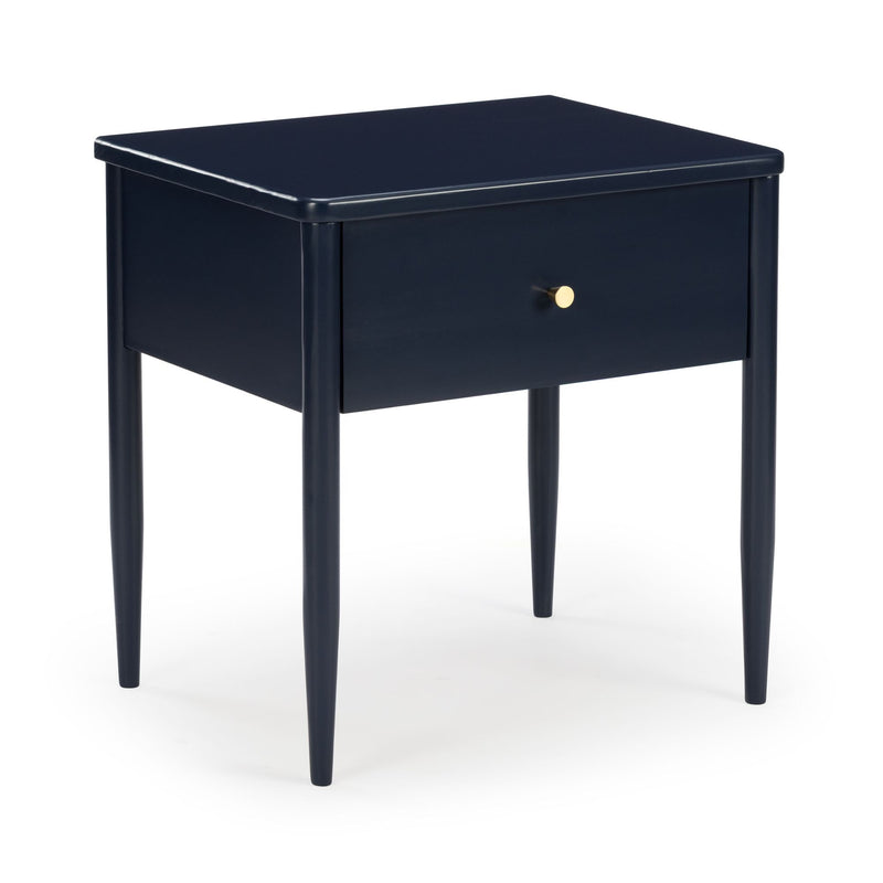 Navy blue modern bedside table nightstand with single drawer and gold knob, tapered legs and matte finish
