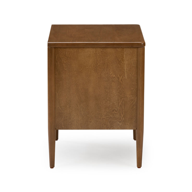 Mid-century modern solid wood bedside table in warm brown finish with smooth top and tapered legs