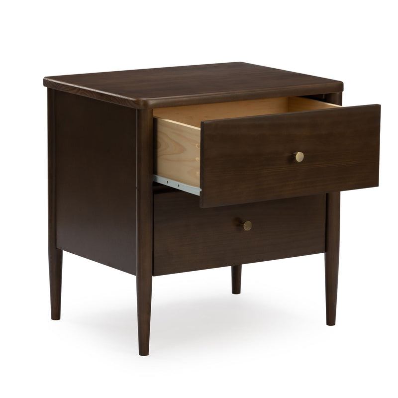 Solid dark walnut mid-century modern nightstand with tapered legs, brass knob and an open drawer revealing wooden interior and dovetail joints