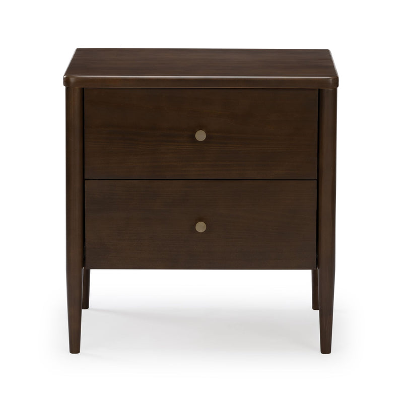 Mid-century modern dark brown wooden nightstand bedside table with two drawers, round brass knobs and tapered legs on white background