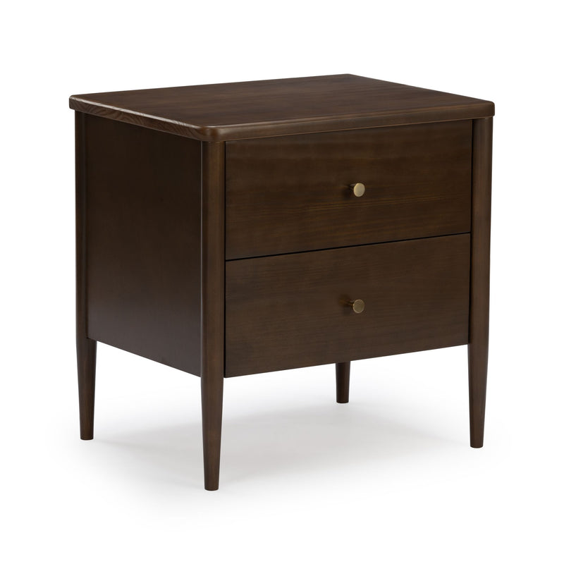 Dark brown mid-century modern wooden nightstand with two drawers, tapered legs and brass knobs