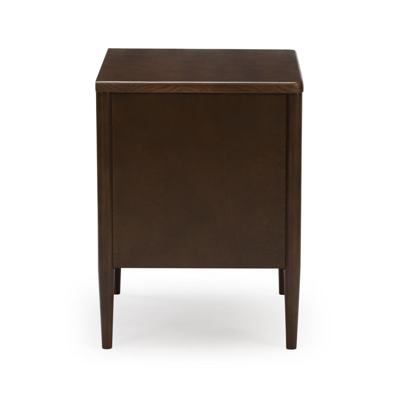Dark brown wooden nightstand with smooth top and tapered legs, mid-century modern bedside table for bedroom