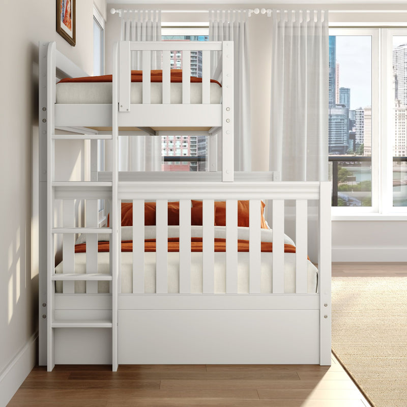 White wooden bunk bed with ladder and orange bedding in a modern kids bedroom featuring sheer curtains and large windows with city skyline view