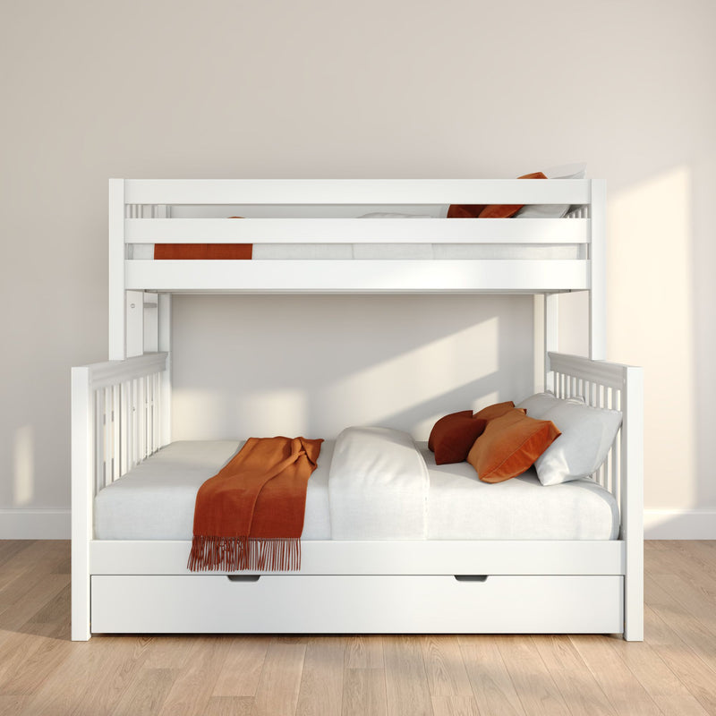 White wooden bunk bed with pull-out storage drawer, orange throw and pillows on white bedding in a modern minimalist kids' bedroom with natural wood floor and soft sunlight