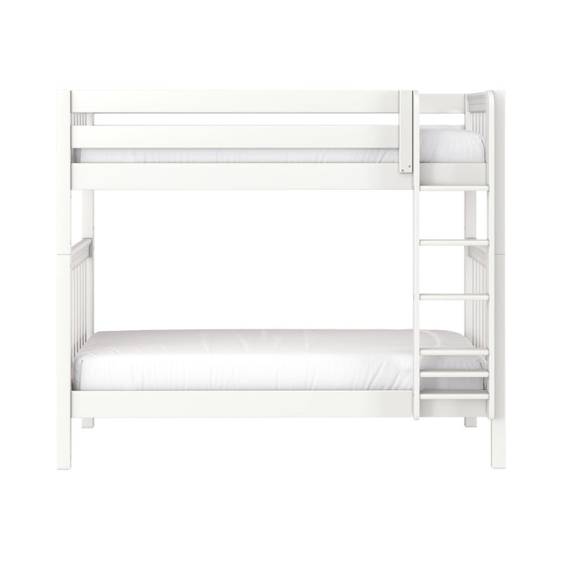 White wooden twin-over-twin bunk bed with ladder and safety guardrail, white mattress, modern minimalist space-saving kids' loft bed for small bedrooms