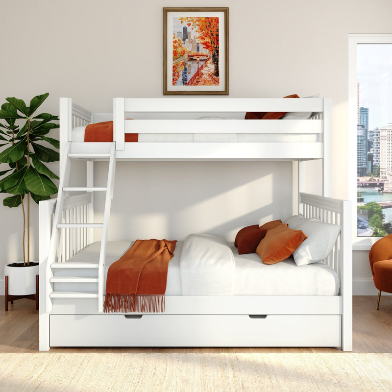 White wooden bunk bed in modern children's bedroom with orange pillows and throw, fiddle‑leaf fig plant, framed autumn city print and city skyline view
