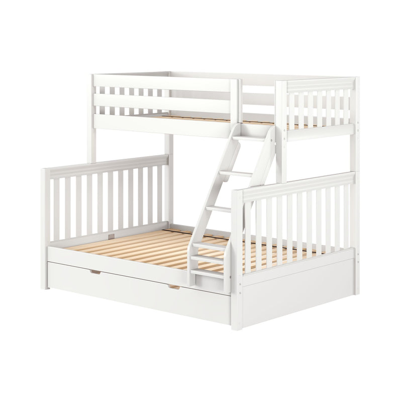 White wooden twin-over-full bunk bed with ladder, slatted mattress supports and under-bed storage drawer, modern kids' loft bed frame