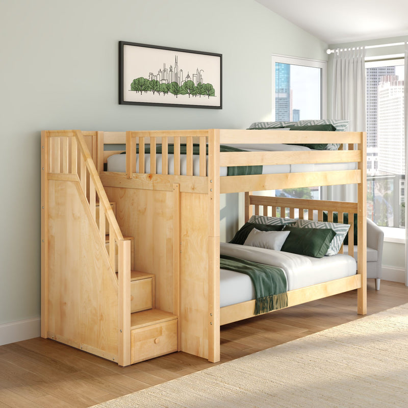 Wooden loft bunk bed with stairs in modern kids' bedroom, green bedding, framed skyline art and large city-view window