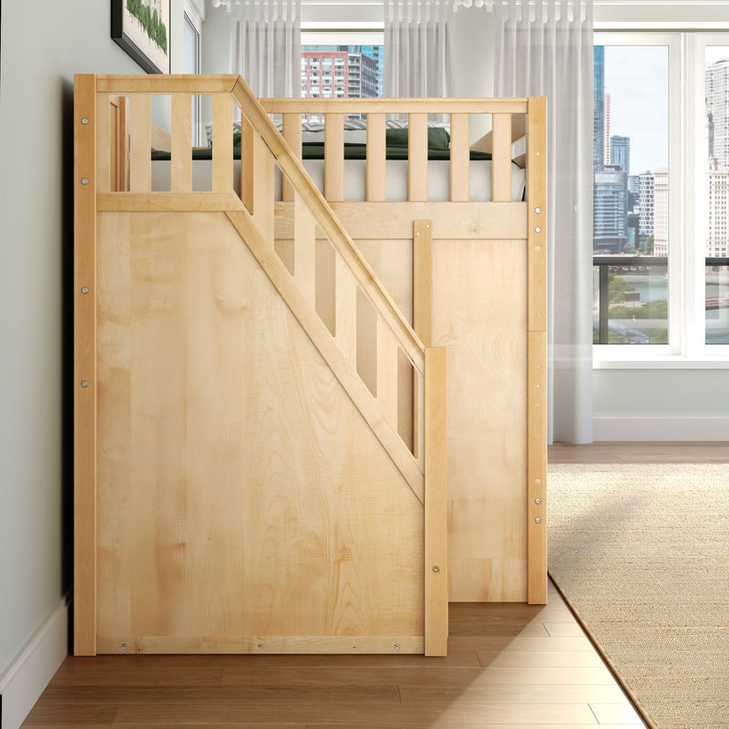 Light maple loft bed with stairs and safety rail in modern apartment bedroom, floor-to-ceiling windows and city skyline view
