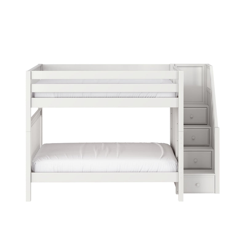 White wooden bunk bed with built-in staircase and storage drawers, modern kids' bedroom furniture