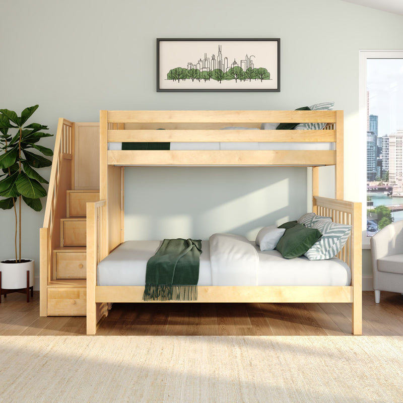 Light wood loft bunk bed with stairs in modern kids' bedroom, green bedding and pillows, framed city skyline wall art and potted plant