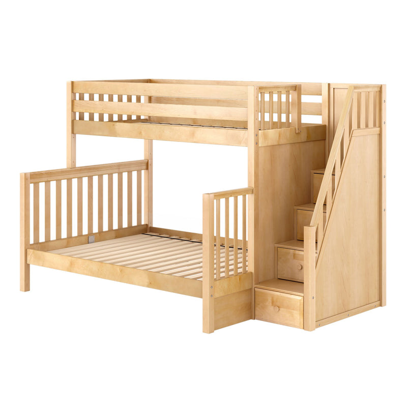 Natural light-wood loft bunk bed with staircase and built-in storage drawers, wooden slatted rails — space-saving kids bedroom furniture