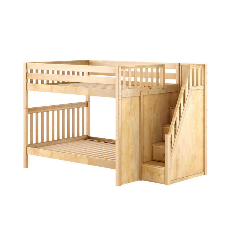 Natural solid wood loft bunk bed with built-in staircase drawers, slatted frames and safety guardrails — storage bunk for kids' bedroom