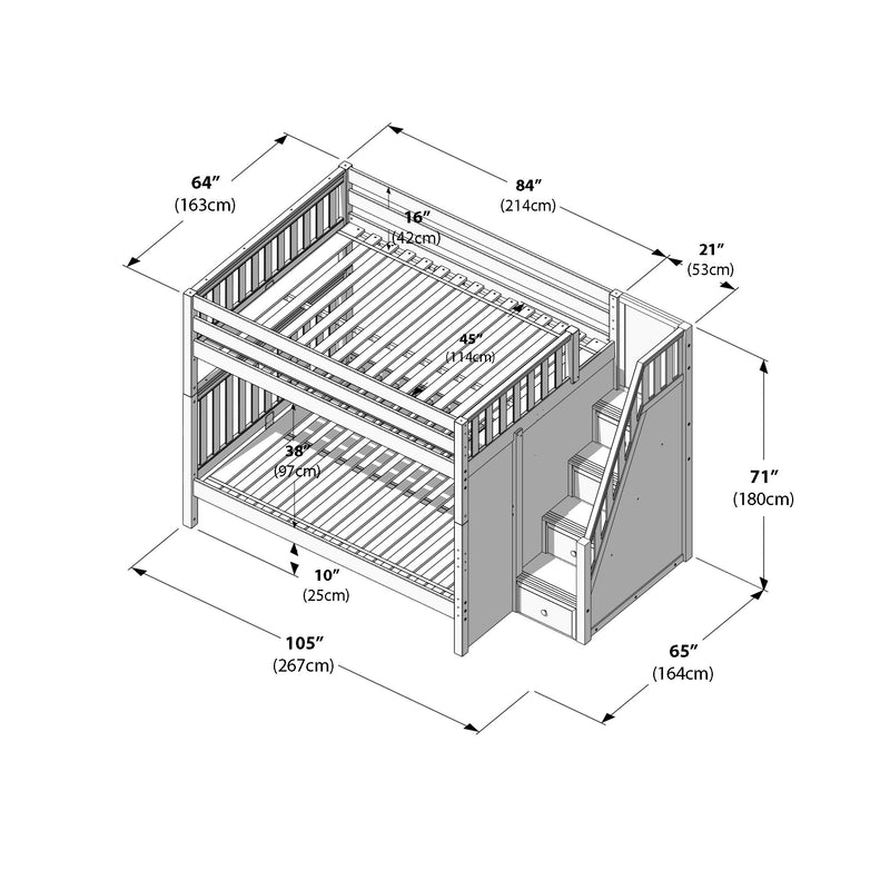 Isometric assembly diagram of a wooden twin-over-full bunk bed with staircase and built-in drawers, slatted mattress supports and safety guardrails, annotated with detailed dimensions in inches (cm) for overall length, width and height.