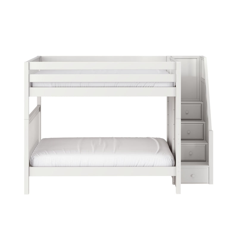 White wooden bunk bed with built-in staircase storage drawers and safety rails, modern kids' bedroom furniture