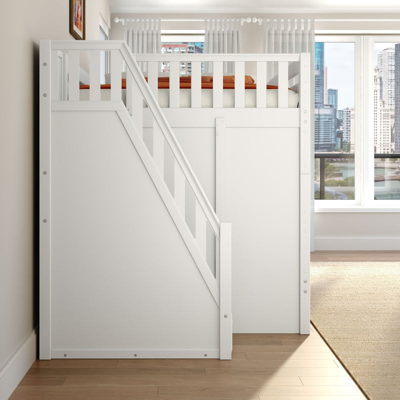 White loft bed with ladder and safety rails in a modern apartment bedroom, hardwood floors, sheer curtains and large windows showcasing an urban skyline view