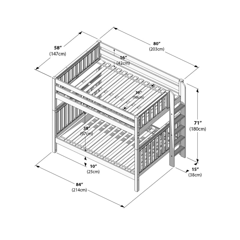 Twin-over-full wooden bunk bed assembly diagram with ladder, guardrails and slatted mattress supports, detailed measurements and dimensions in inches and cm