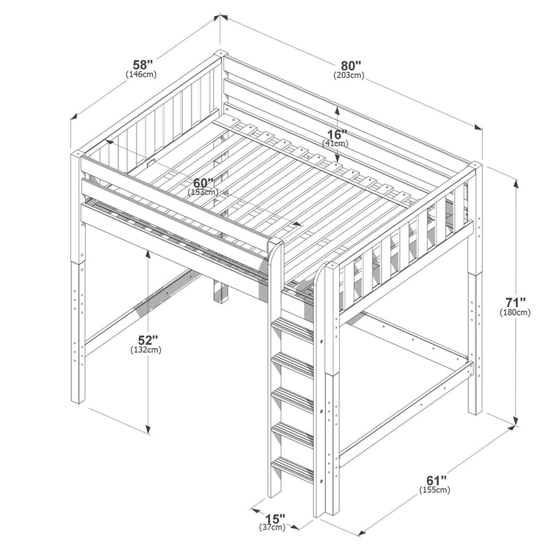 Twin loft bed dimensions diagram showing wooden elevated bed frame with ladder and guardrails — overall 80 in x 58 in x 71 in (203 x 146 x 180 cm), 52 in (132 cm) under-bed clearance and 60 in mattress support.