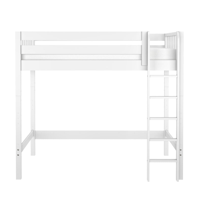 White wooden loft bed with right-side ladder and guardrails, open under-bed space for storage or desk — space-saving modern single/twin bed for kids' rooms and small apartments