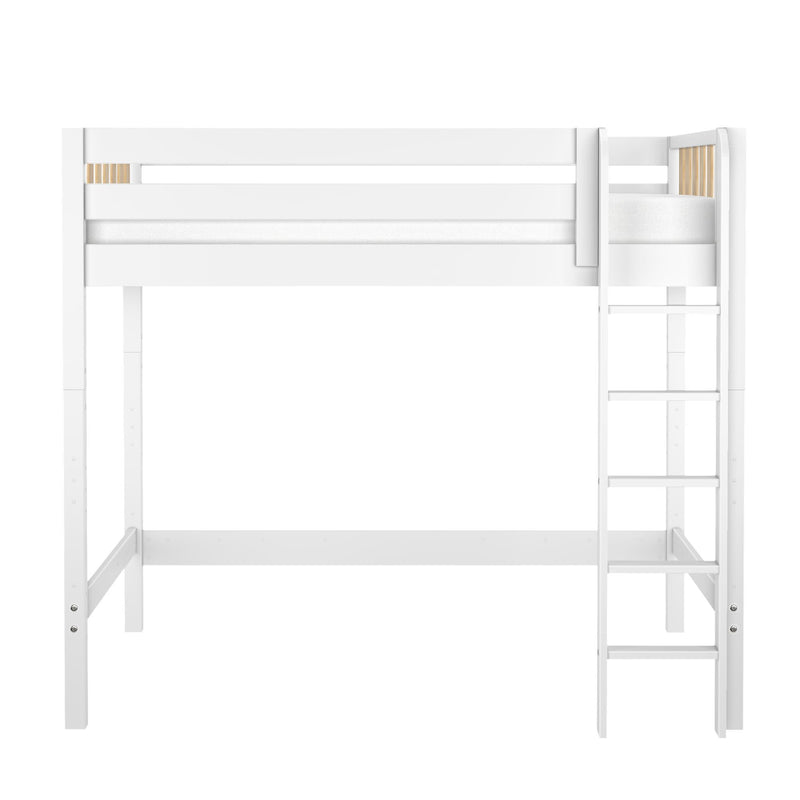 White wooden twin loft bed with built-in ladder and safety rails, space-saving high sleeper bed for small bedrooms and studio apartments