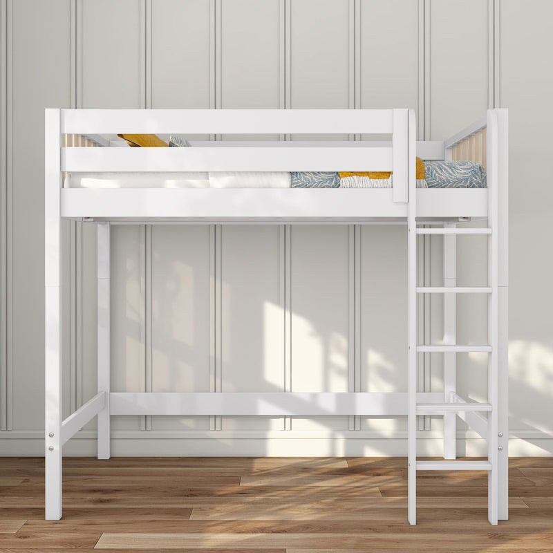 White solid wood loft bed with ladder, space-saving twin elevated bed for kids' room with paneled wall and hardwood floor