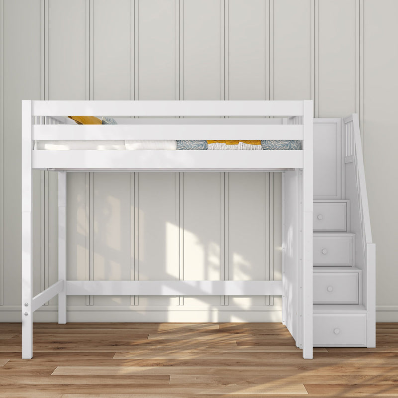 White wooden loft bed with built-in staircase and storage drawers, space-saving modern kids' bunk bed in bright room with hardwood floor
