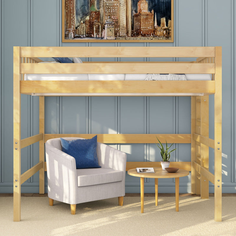 Natural wood loft bed above a cozy light-gray armchair with blue accent pillow, round wooden side table and potted plant in a modern small-bedroom nook