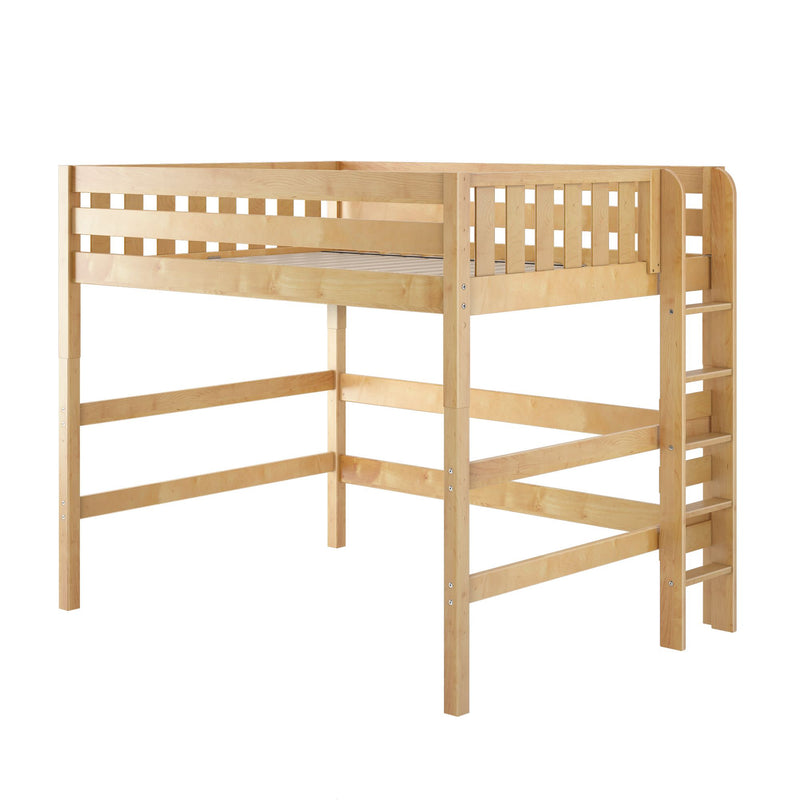 Natural pine solid wood twin loft bed with ladder and safety rails — space-saving high sleeper platform with open under-bed area for storage or play