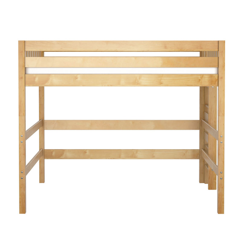 Natural maple solid wood loft bed frame with raised twin platform, safety guardrail and integrated ladder for space-saving bedrooms