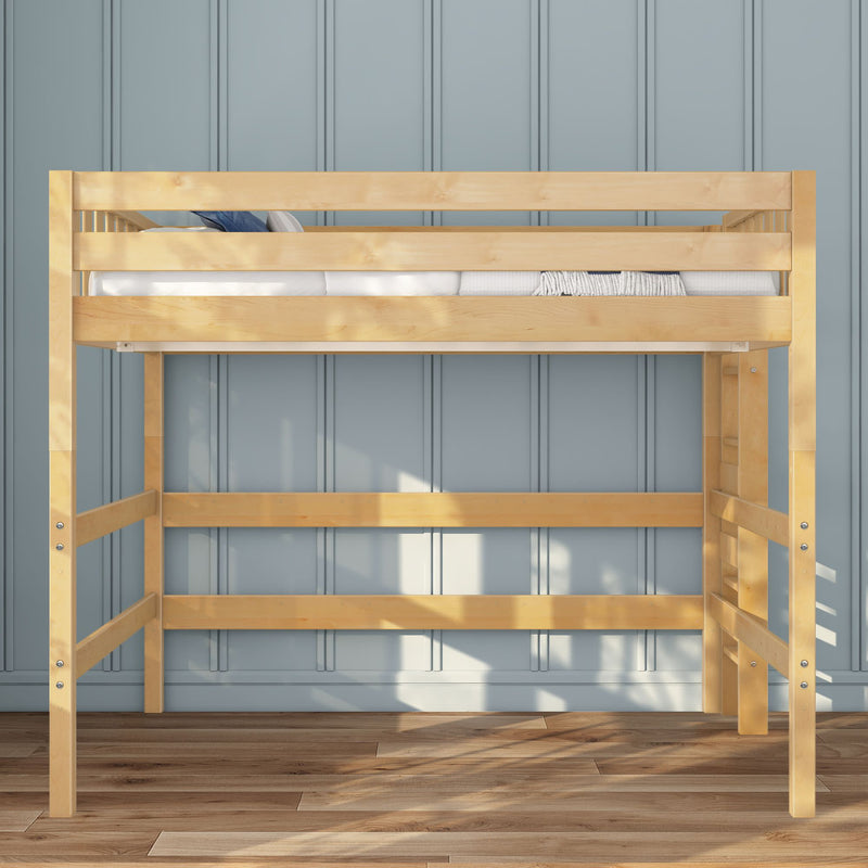 Natural pine twin loft bed with mattress and guardrails against blue paneled wall on hardwood floor — space-saving wooden loft bed for kids