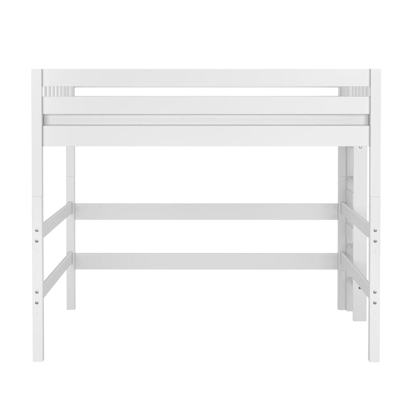 White wooden twin loft bed frame with safety guardrail and open under-bed space, modern space-saving elevated platform bed for kids' bedrooms